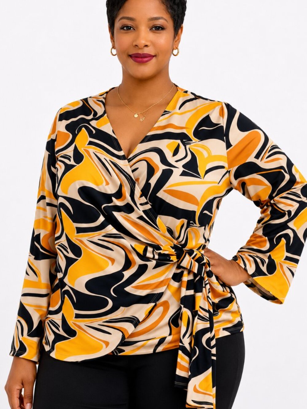 Plus Size 0X top. Full Figured faux wrap top, tie waist blouse w/ bell sleeves